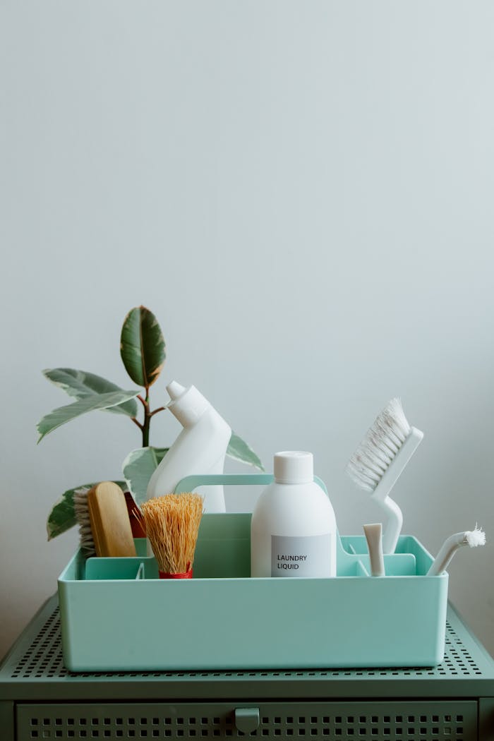 The Art of Drawing Readers In: Your attractive post title goes here Minimalist display of eco-friendly cleaning products in pastel organizer, highlighting sustainable living.